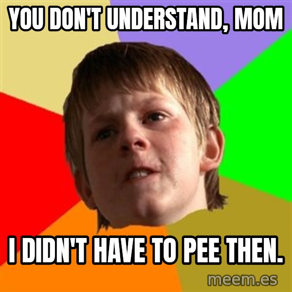 Angry School Boy meme: You don't understand, mom / I didn't have to pee then.
