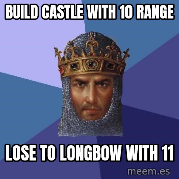 Age Of Empires meme: build castle with 10 range / lose to longbow with 11