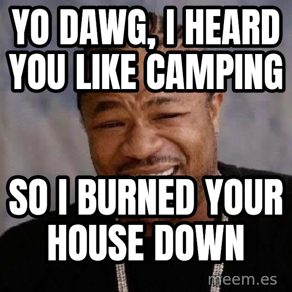 Yo Dawg meme: Yo dawg, I heard you like camping / so I burned your house down