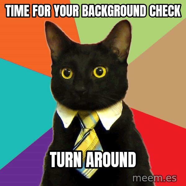Business Cat meme: time for your background check / turn around
