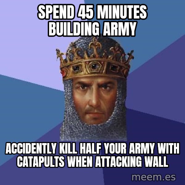 Age Of Empires meme: spend 45 minutes building army / accidently kill half your army with catapults when attacking wall