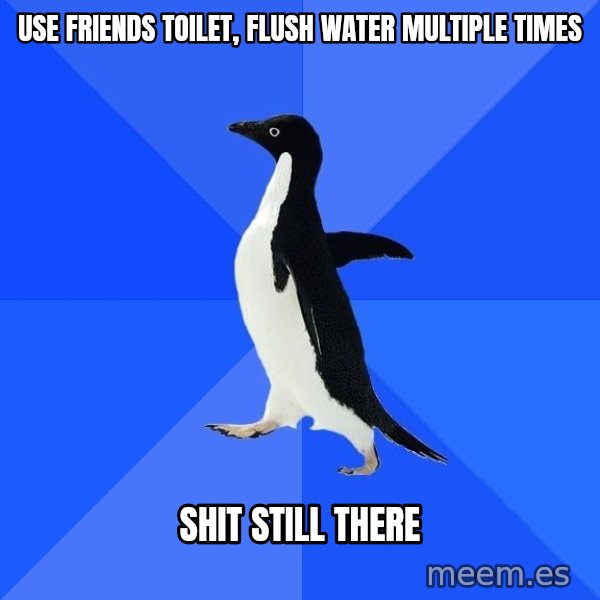 Socially Awkward Penguin meme: Use friends toilet, flush water multiple times / shit still there