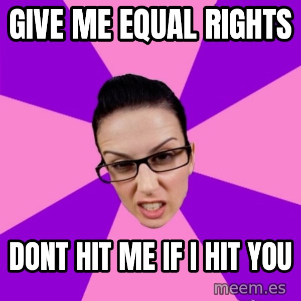 Privilege Denying Feminist meme: Give me equal rights / dont hit me if i hit you