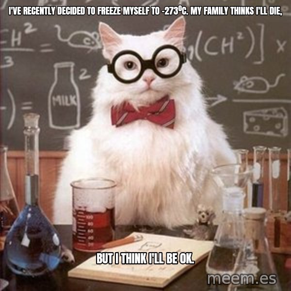 Chemistry Cat meme: I've recently decided to freeze myself to -273ºC. My family thinks I'll die, / but i think I'll be 0K.