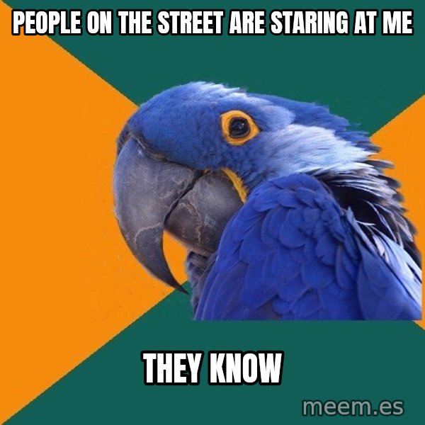 Paranoid Parrot meme: People on the street are staring at me / they know