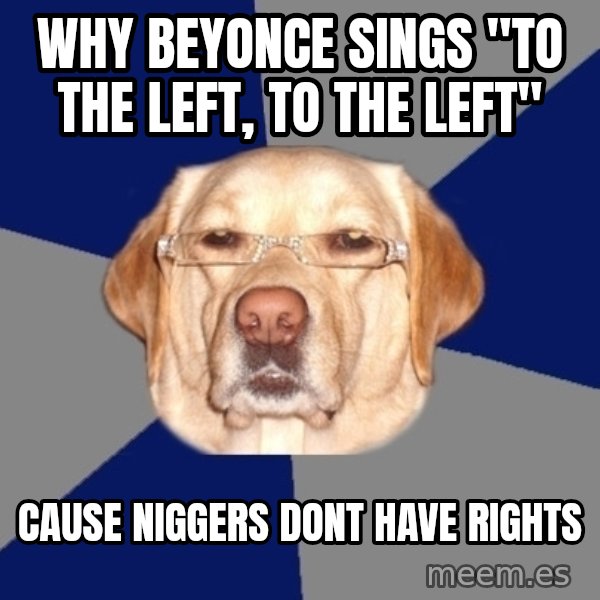 Racist Dog meme: Why Beyonce sings "to the left, to the left" / Cause niggers dont have rights