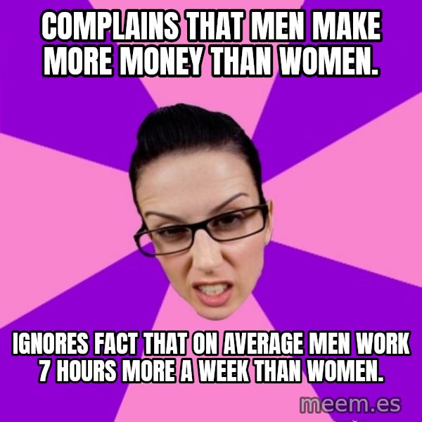 Privilege Denying Feminist meme: Complains that men make more money than women. / Ignores fact that on average men work 7 hours more a week than women.