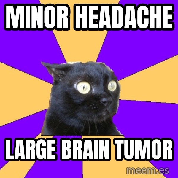 Anxiety Cat meme: minor headache / large brain tumor