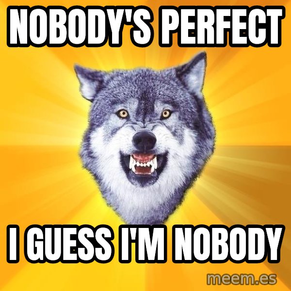 Courage Wolf meme: Nobody's perfect / i guess i'm nobody