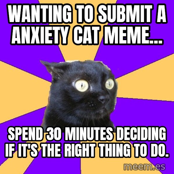 Anxiety Cat meme: Wanting to submit a Anxiety cat meme... / spend 30 minutes deciding if it's the right thing to do.