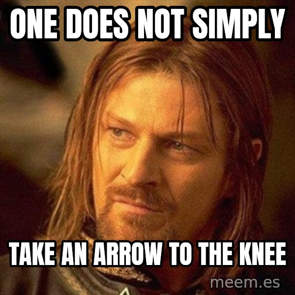 Boromir meme: one does not simply / take an arrow to the knee