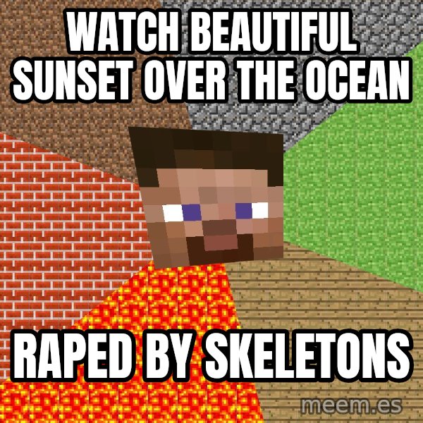 Minecraft Guy meme: WATCH BEAUTIFUL SUNSET OVER THE OCEAN / RAPED BY SKELETONS