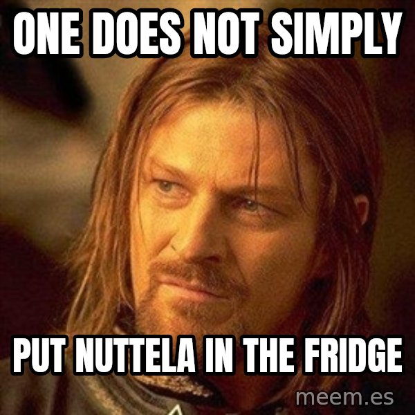 Boromir meme: One does not simply / put nuttela in the fridge