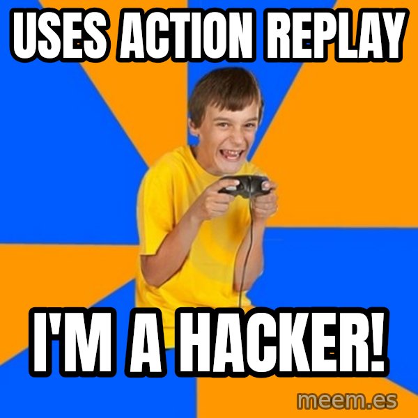 Annoying Gamer Kid meme: uses action replay / i'm a hacker!