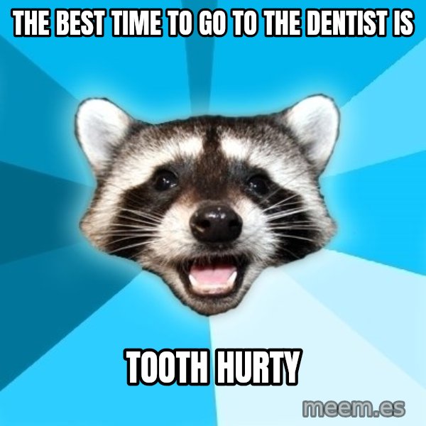 Lame Pun Coon meme: the best time to go to the dentist is / tooth hurty