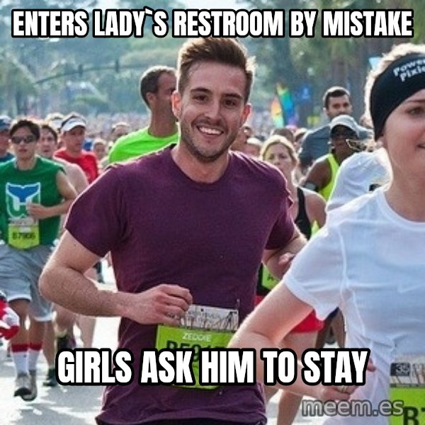 Ridiculously photogenic guy (Zeddie) meme: enters lady`s restroom by mistake / girls ask him to stay