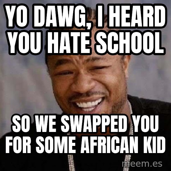 Yo Dawg meme: yo dawg, i heard you hate school / so we swapped you for some african kid