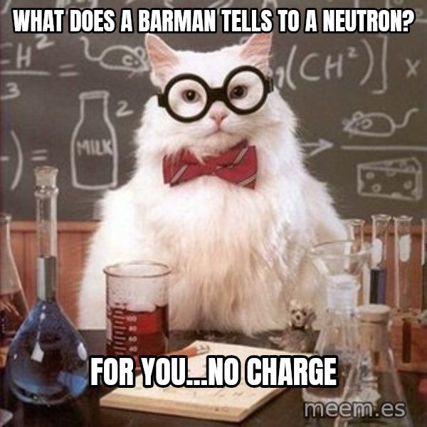 Chemistry Cat meme: What does a barman tells to a neutron? / For you...no charge
