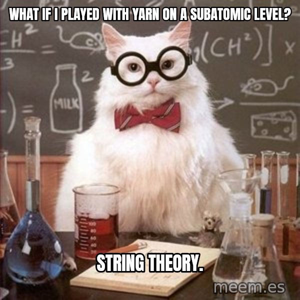 Chemistry Cat meme: what if i played with yarn on a subatomic level? / string theory.