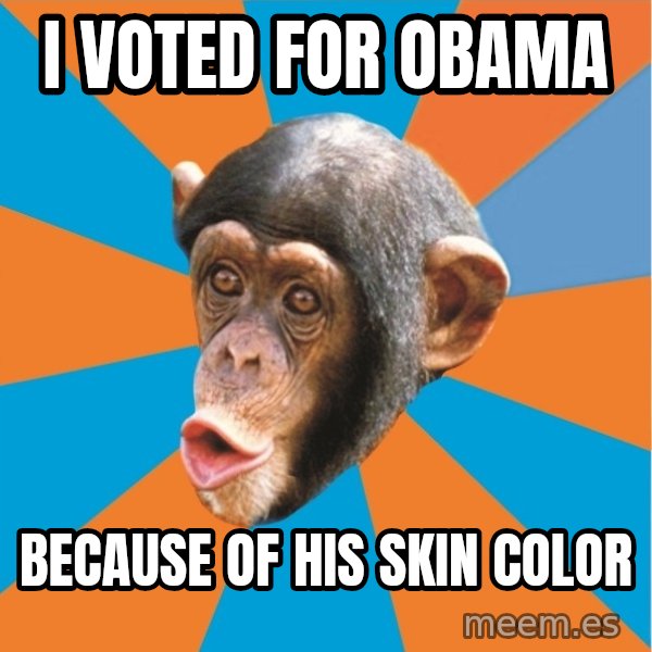 Stupid Monkey meme: I voted for Obama / because of his skin color