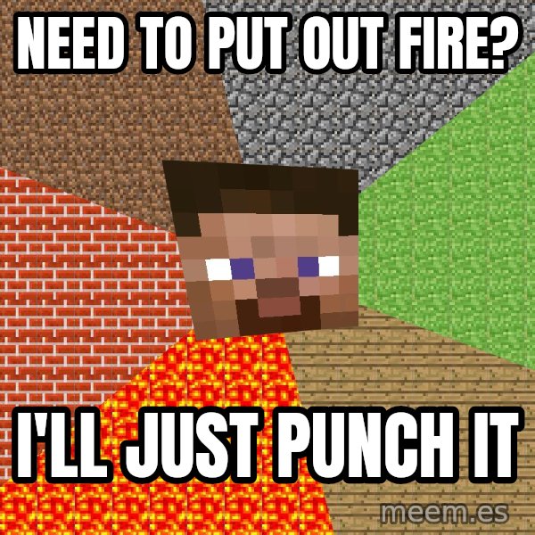 Minecraft Guy meme: Need to put out fire? / i'll just punch it