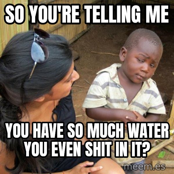 Skeptical 3rd World Kid meme: so you're telling me / you have so much water you even shit in it?