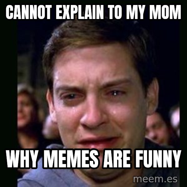 crying peter parker meme: cannot explain to my mom / why memes are funny