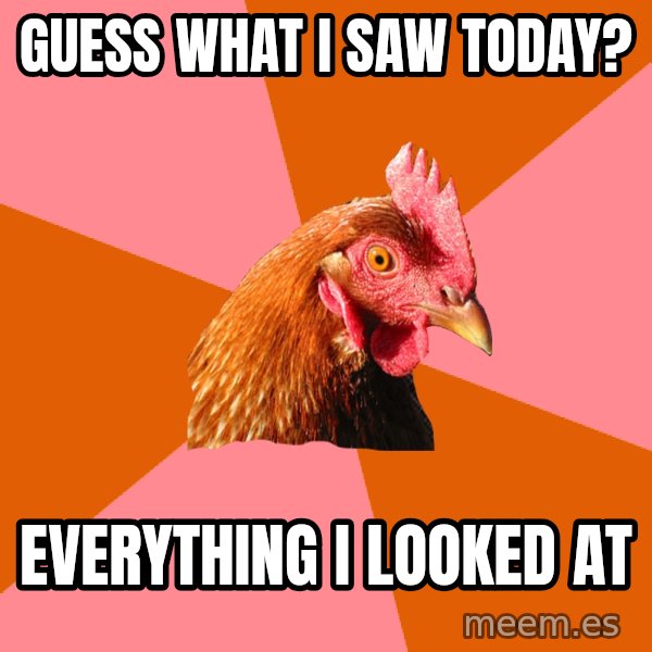 Anti Joke Chicken meme: guess what i saw today? / everything i looked at