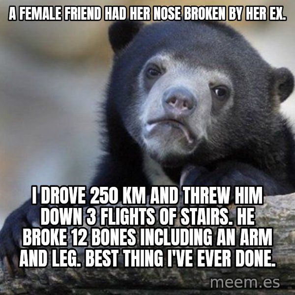 Confession Bear meme: A female friend had her nose broken by her ex. / I drove 250 Km and threw him down 3 flights of stairs.  he broke 12 bones including an arm and leg.  Best thing i've ever done.