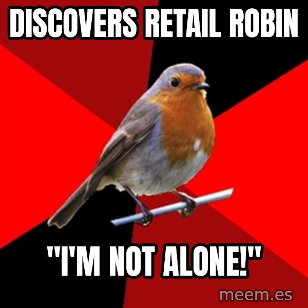Retail Robin meme: Discovers retail robin / "I'm not alone!"