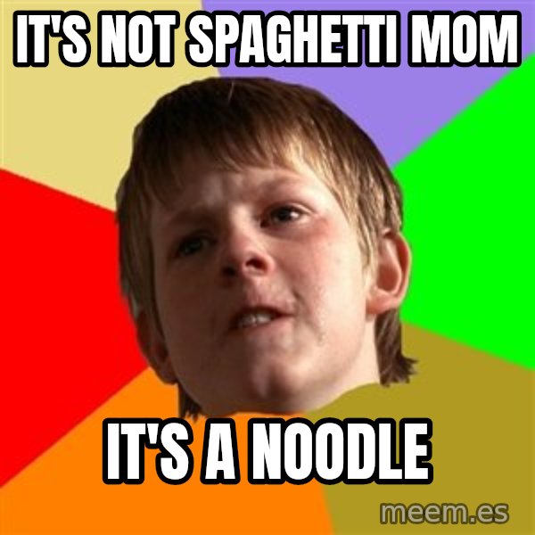 Angry School Boy meme: IT'S NOt SPAGHETTI MOM / IT'S A NOODLE