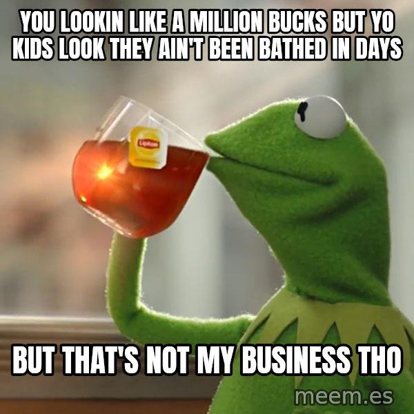 Kermit The Frog Drinking Tea meme: You lookin like a million bucks but yo kids look they ain't been bathed in days / But that's not my business tho