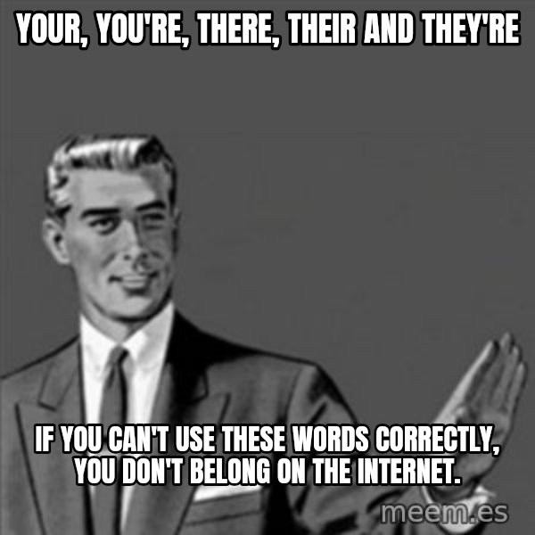 Correction Guy meme: Your, you're, there, their and they're / If you can't use these words correctly, you don't belong on the internet.