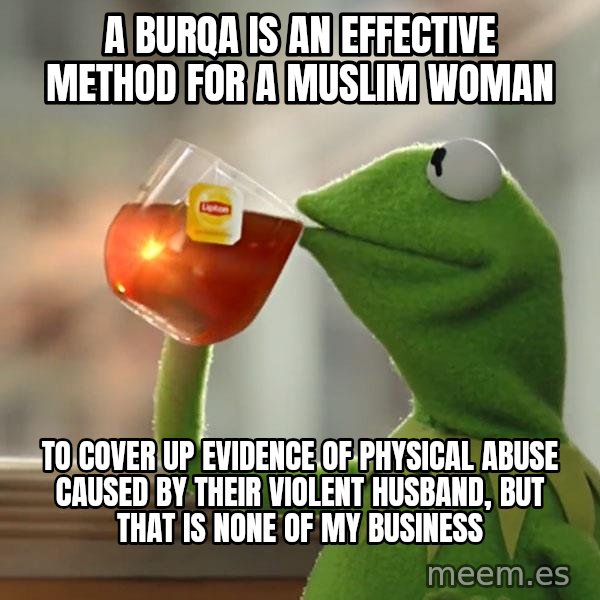 Kermit The Frog Drinking Tea meme: a burqa is an effective method for a muslim woman / to cover up evidence of physical abuse caused by their violent husband, but that is none of my business