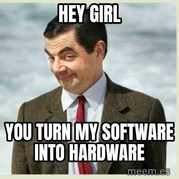 MR bean meme: hey girl / you turn my software into hardware