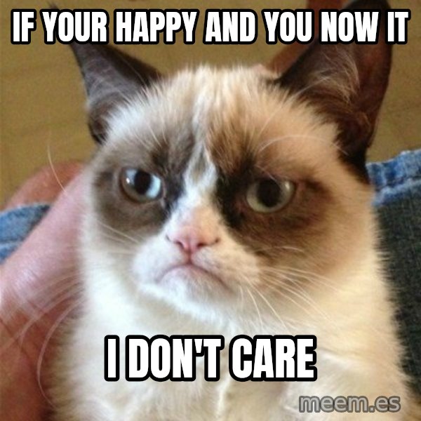 Grumpy Cat  meme: If your happy  and you now it / I don't care