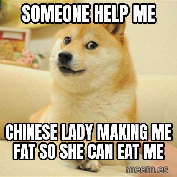 so doge meme: someone help me / chinese lady making me fat so she can eat me
