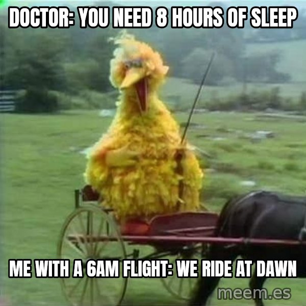 We Ride At Dawn meme: Doctor: you need 8 hours of sleep / Me with a 6am flight: we ride at dawn