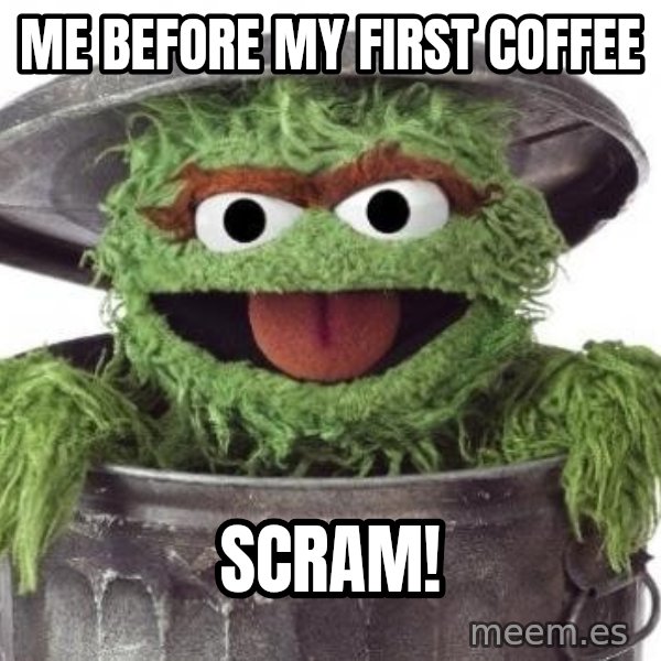Oscar The Grouch meme: Me before my first coffee / Scram!