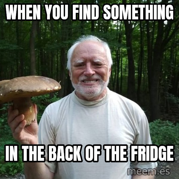 Harold's Mushroom meme: When you find something / in the back of the fridge