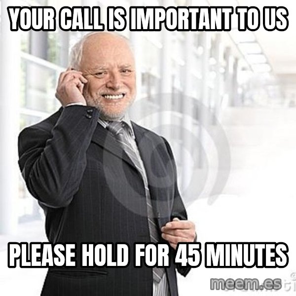 Harold's Business Call meme: Your call is important to us / please hold for 45 minutes